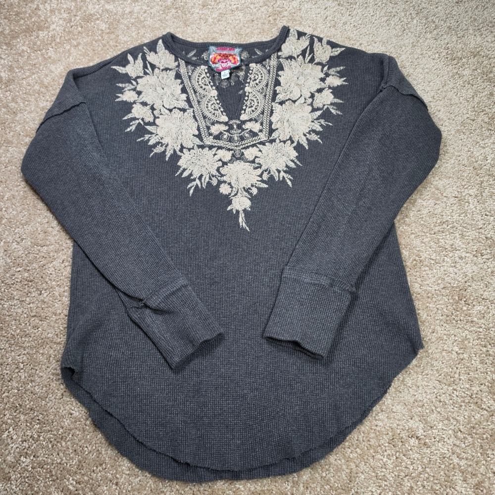 Johnny Was Top Embroidered Floral Waffle Knit Boho Charcoal Grey Small